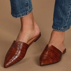 Lulu’s Jaelyn Brown Crocodile Embossed Pointed-Toe Slides